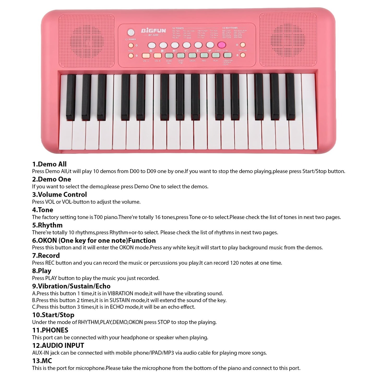 Vroomoto Elektronisches Klavier mit 32 Tasten, 16 Töne, 10 Rhythmen, Musikinstrument mit Zwei Lautsprechern und Mikrofon, Tragbare Musik-Klaviertastatur für Anfänger (Gelb)