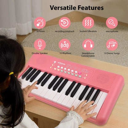 Vroomoto Elektronisches Klavier mit 32 Tasten, 16 Töne, 10 Rhythmen, Musikinstrument mit Zwei Lautsprechern und Mikrofon, Tragbare Musik-Klaviertastatur für Anfänger (Gelb)