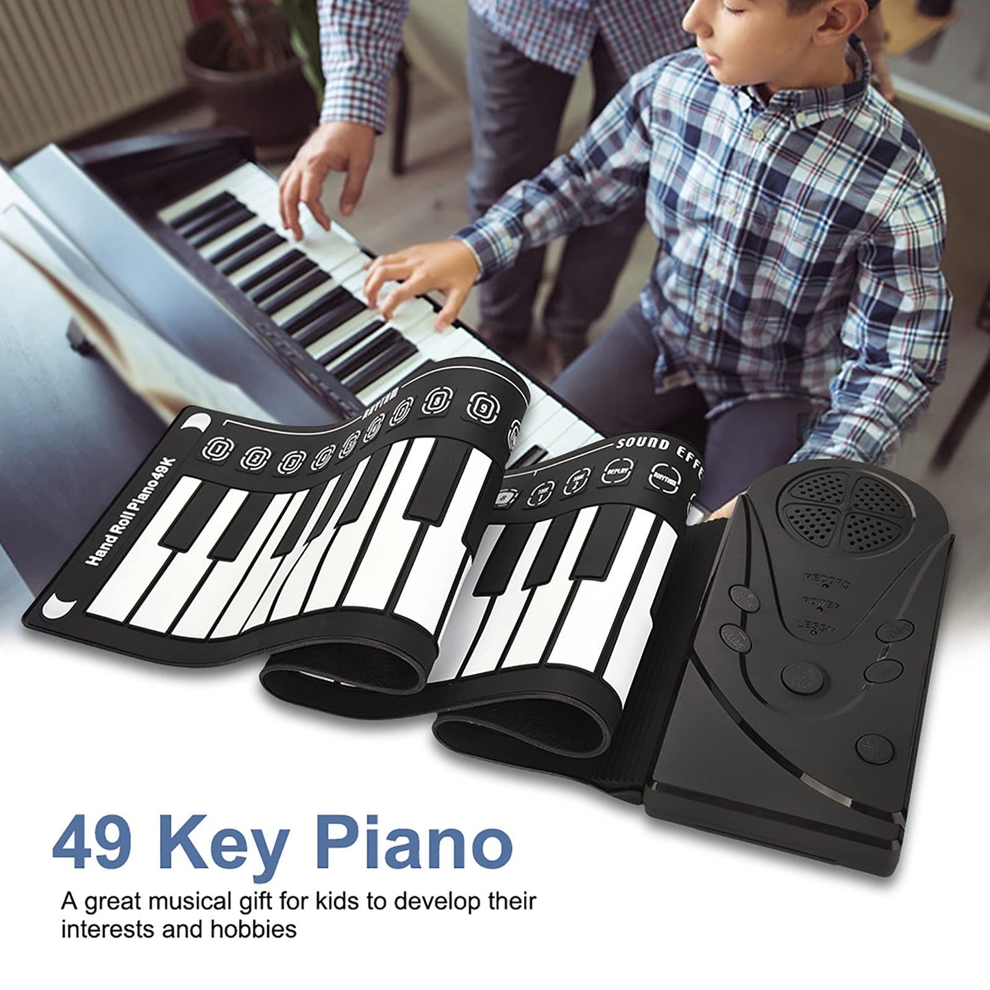 AOWINHIT Tragbare 49 Tasten Elektronische Tastatur Rolling Up Klavier für Kinder Anfänger Rosa (Schwarz)