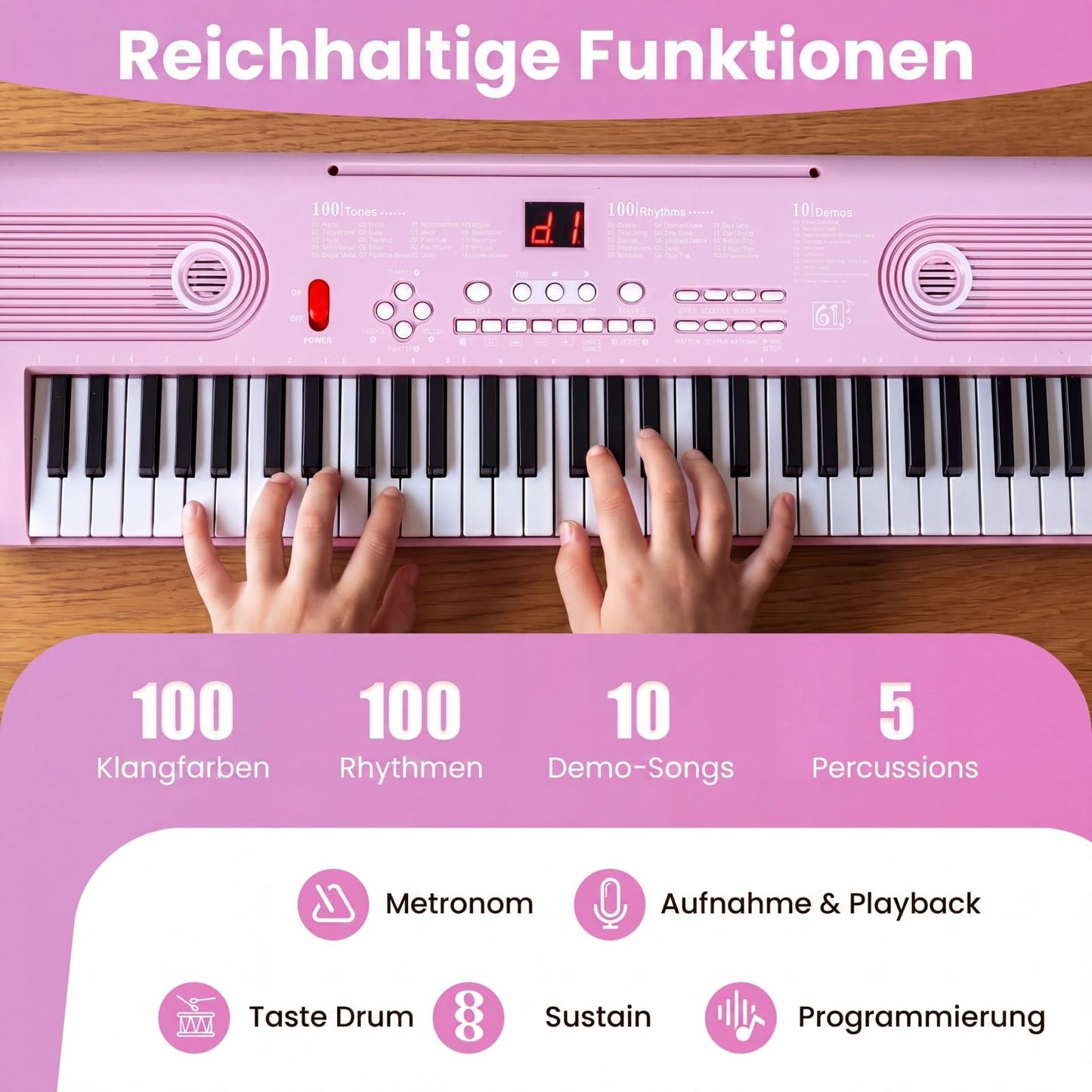 COSTWAY Keyboard Piano 61 Tasten, Digital Piano mit Ständer & Mikrofon & Tragetasche, E-Piano für Einsteiger, Klavier für Kinder Jungen (Rosa)