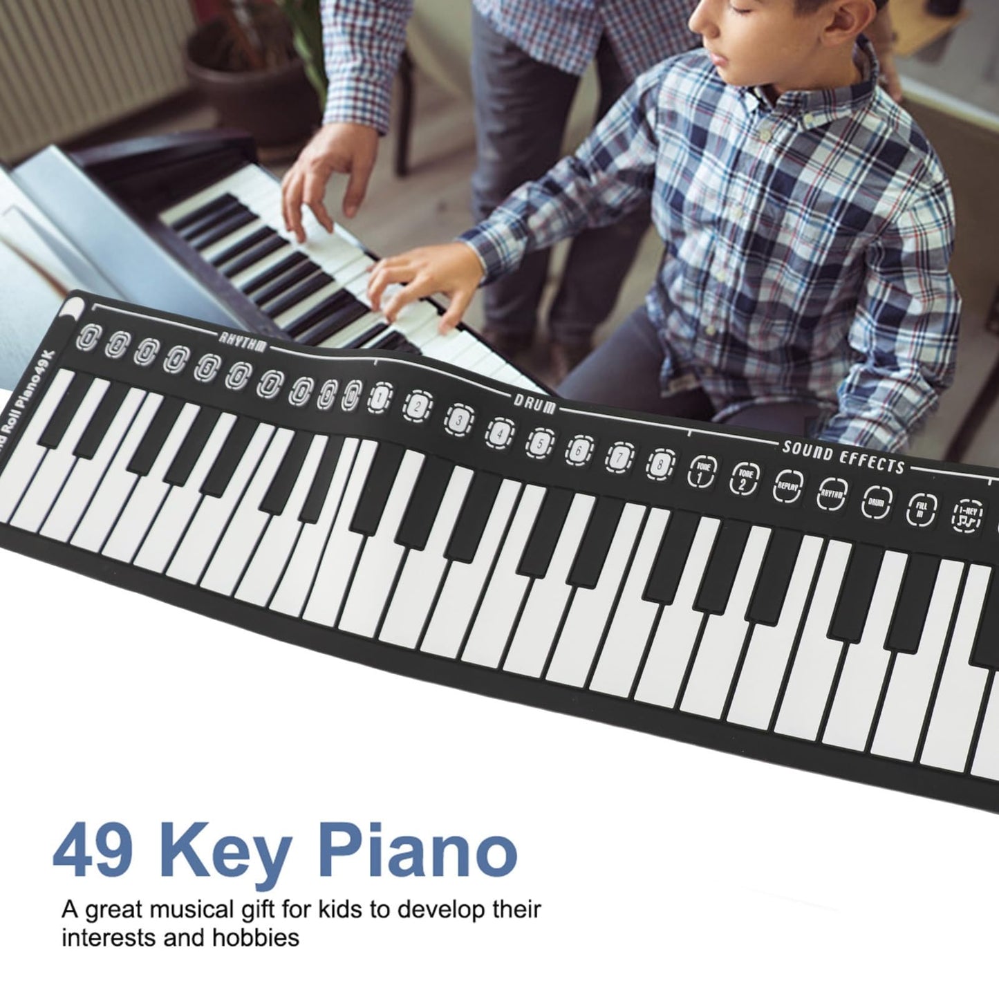 AOWINHIT Tragbare 49 Tasten Elektronische Tastatur Rolling Up Klavier für Kinder Anfänger Rosa (Weiß)