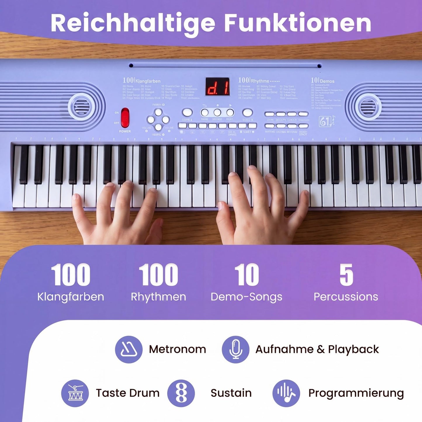 COSTWAY Keyboard Piano 61 Tasten, Digital Piano mit Ständer & Mikrofon & Tragetasche, E-Piano für Einsteiger, Klavier für Kinder Jungen (Lila)