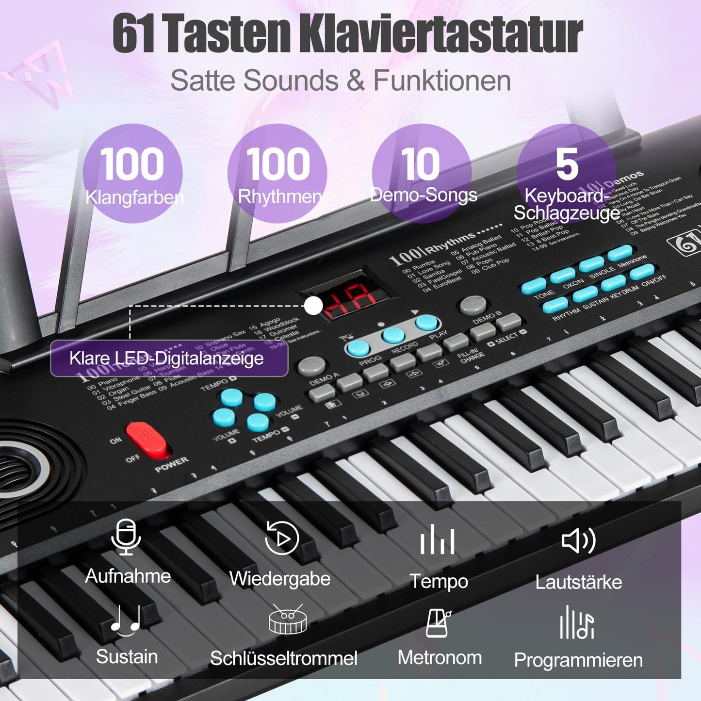 GOPLUS 61 Tasten Keyboard Piano, Tragbares Elektrisches Digitalpiano mit Mikrofon, Notenständer, Tastenaufkleber & Tragetasche für Kinder, Pädagogische Musik Klaviertastatur für Anfänger, Geschenk für