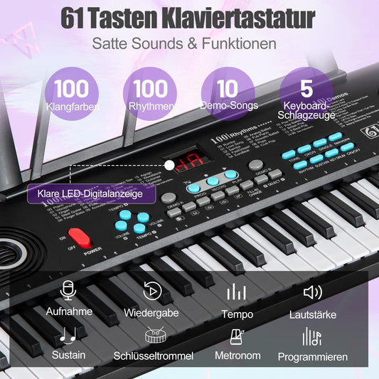 GOPLUS 61 Tasten Keyboard Piano, Tragbares Elektrisches Digitalpiano mit Mikrofon, Notenständer, Tastenaufkleber & Tragetasche für Kinder, Pädagogische Musik Klaviertastatur für Anfänger, Geschenk für