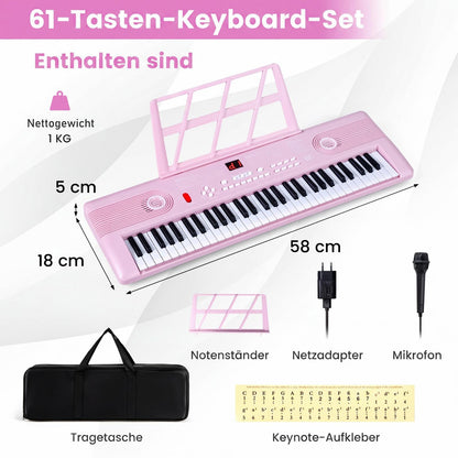 COSTWAY Keyboard Piano 61 Tasten, Digital Piano mit Ständer & Mikrofon & Tragetasche, E-Piano für Einsteiger, Klavier für Kinder Jungen (Rosa)